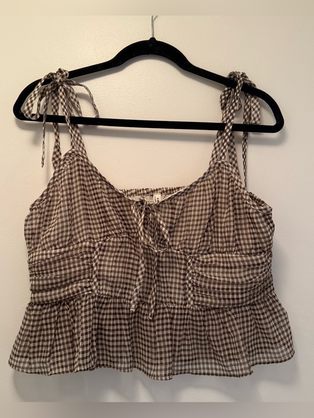American Eagle Gingham Smocked Tie-Strap Peplum Crop Top | Brown/Cream | Size M - Picture 3 of 8